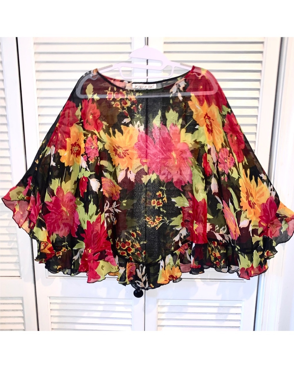 Vintage Sheer Floral Poncho cape blouse black, green, pink OSFM